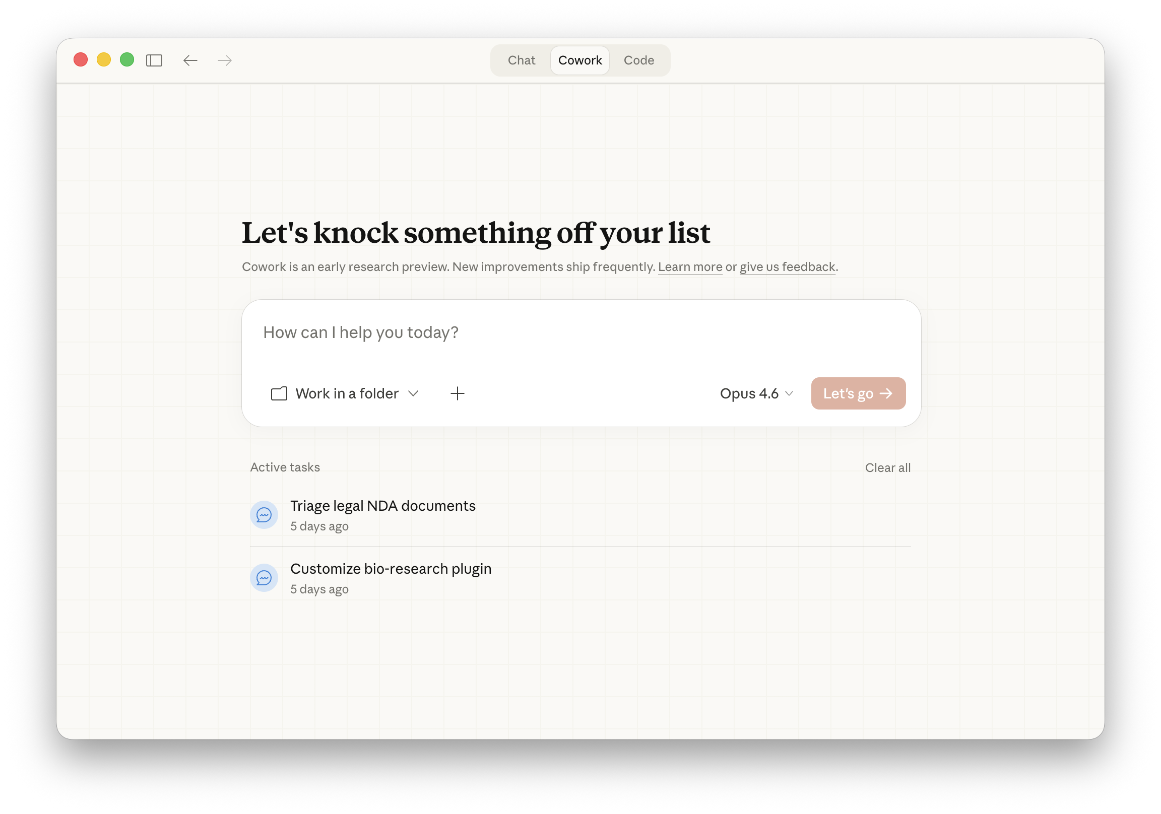 Claude Cowork mode — agentic workspace with plan and sources