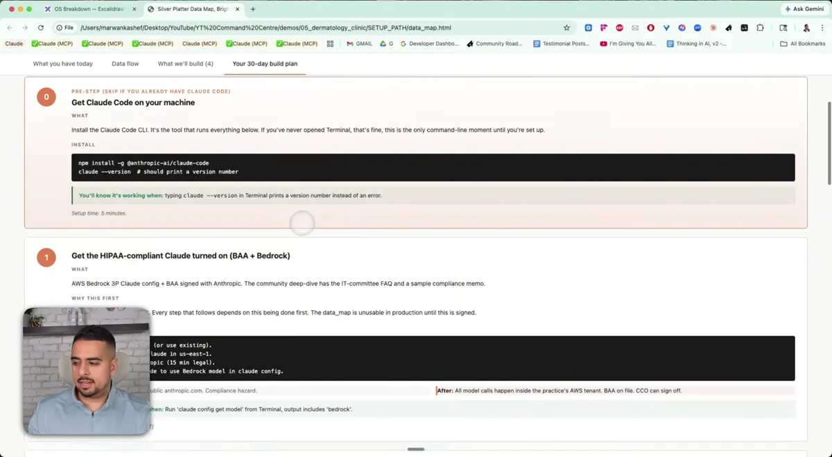 silver-platter skill'in HTML çıktısı: 30-day build plan sekmesi, Pre-step ile Claude Code kurulumu ve 1. adım olarak HIPAA-uyumlu Bedrock konfigürasyonu