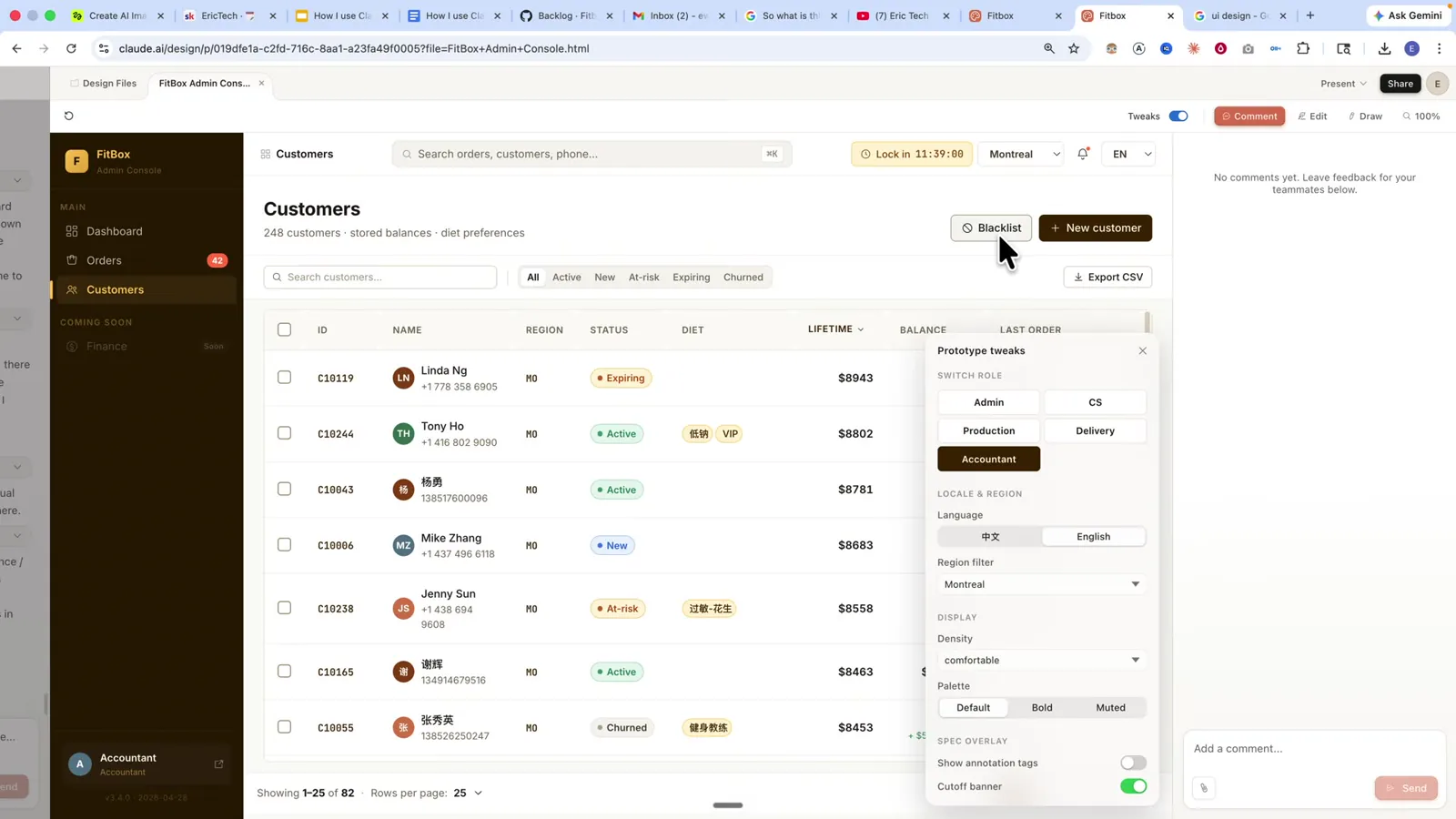 Claude Design'da admin console prototipi, sağda Tweaks paneli