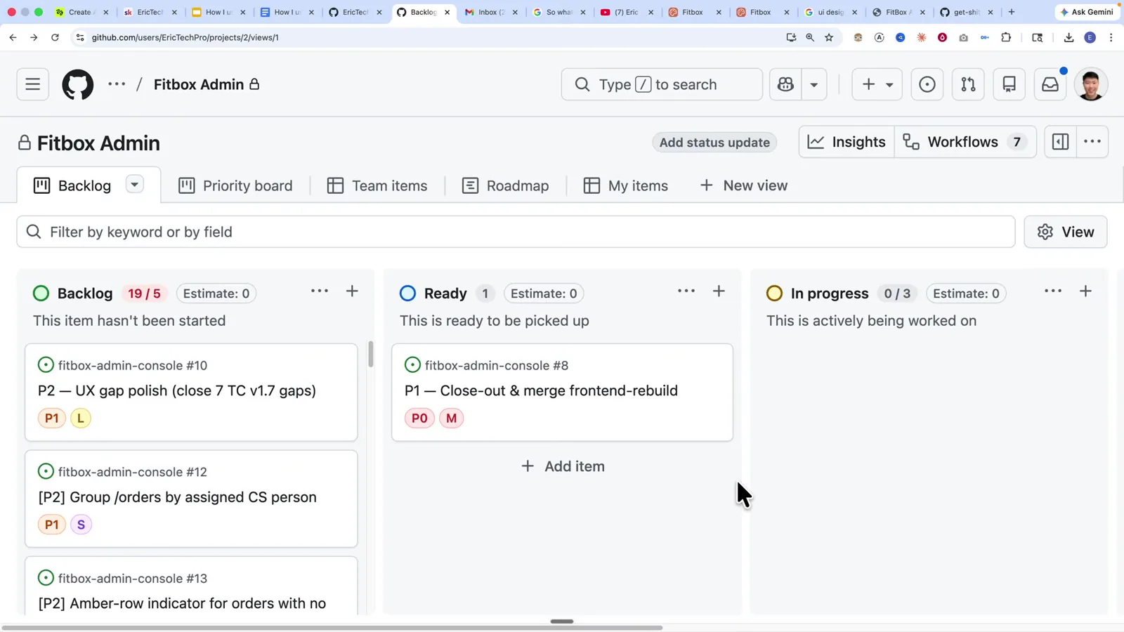 GitHub Projects board: Backlog, Ready, In progress, In review kolonları